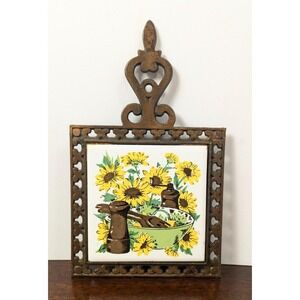 Vintage Action Industries Cast Iron Sunflower Ceramic Tile Trivet Wall Hanging